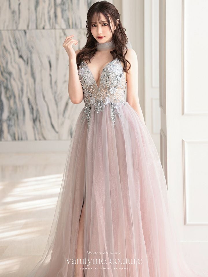 【2点セット】vanityME.couture. バニティミークチュール クリスタルビジュー フラワーモチーフ ショール付き ピンクグラデーション ラメチュール プリンセス 姫 ロングドレス バースデードレス スモーキーブルー vctr-l-a0850