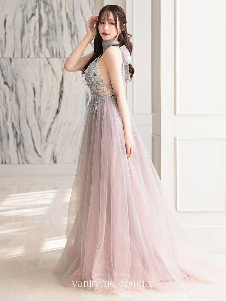 【2点セット】vanityME.couture. バニティミークチュール クリスタルビジュー フラワーモチーフ ショール付き ピンクグラデーション ラメチュール プリンセス 姫 ロングドレス バースデードレス スモーキーブルー vctr-l-a0850