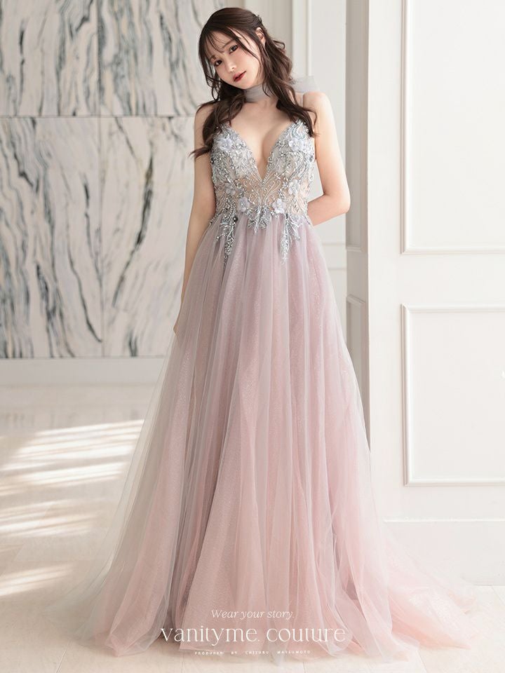 【2点セット】vanityME.couture. バニティミークチュール クリスタルビジュー フラワーモチーフ ショール付き ピンクグラデーション ラメチュール プリンセス 姫 ロングドレス バースデードレス スモーキーブルー vctr-l-a0850