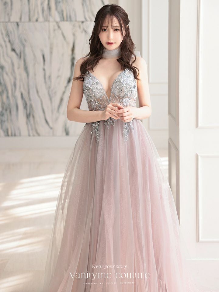 【2点セット】vanityME.couture. バニティミークチュール クリスタルビジュー フラワーモチーフ ショール付き ピンクグラデーション ラメチュール プリンセス 姫 ロングドレス バースデードレス スモーキーブルー vctr-l-a0850
