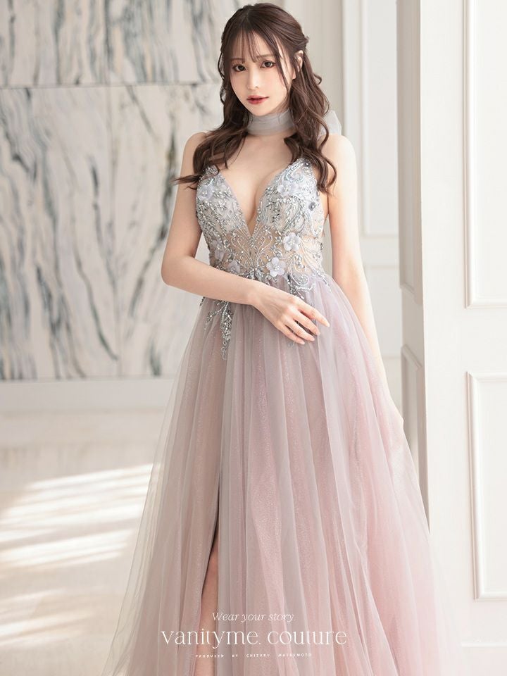 【2点セット】vanityME.couture. バニティミークチュール クリスタルビジュー フラワーモチーフ ショール付き ピンクグラデーション ラメチュール プリンセス 姫 ロングドレス バースデードレス スモーキーブルー vctr-l-a0850