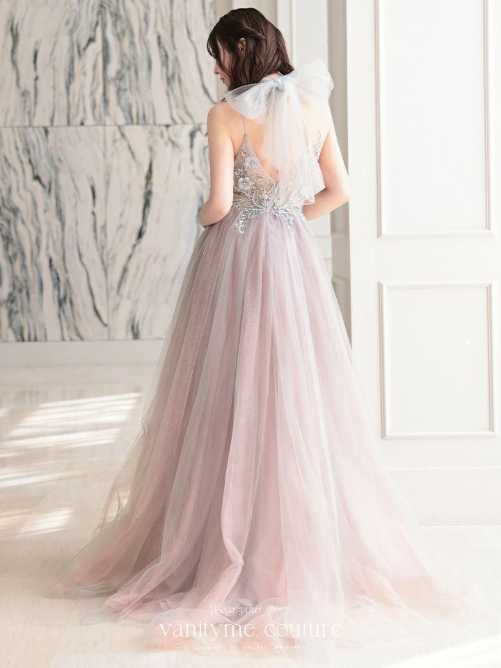 【2点セット】vanityME.couture. バニティミークチュール クリスタルビジュー フラワーモチーフ ショール付き ピンクグラデーション ラメチュール プリンセス 姫 ロングドレス バースデードレス スモーキーブルー vctr-l-a0850