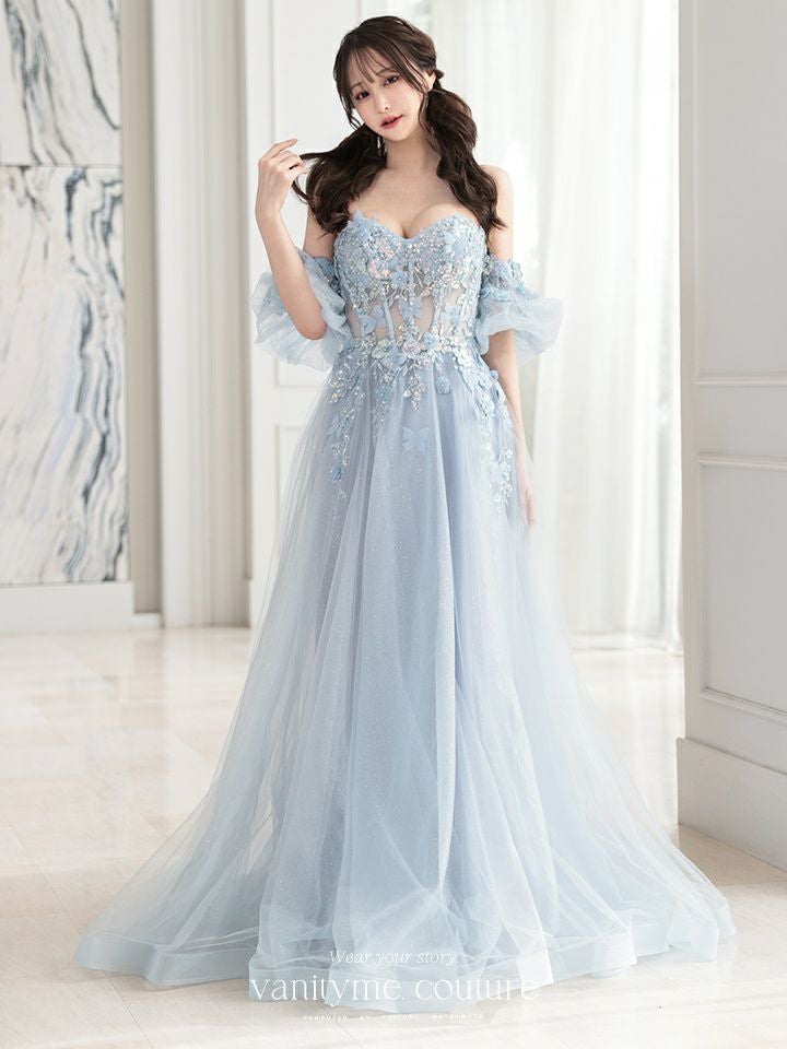 vanityME.couture. バニティミークチュール パフスリーブ フラワー×バタフライモチーフ スパンコール刺繍 プリンセス 姫 ロングドレス バースデードレス パリブルー vctr-l-a1108