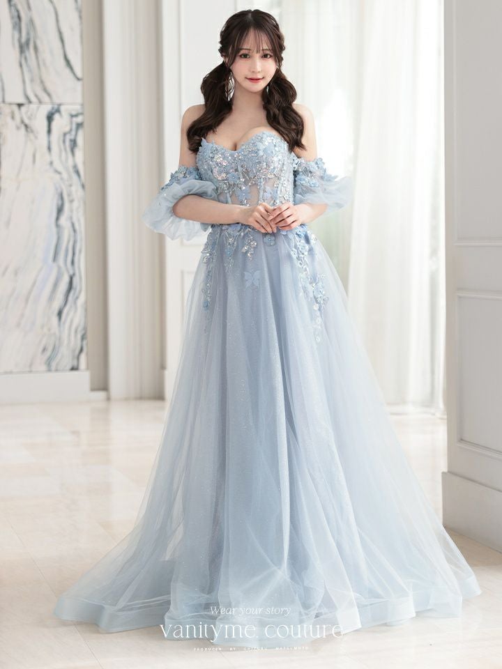 vanityME.couture. バニティミークチュール パフスリーブ フラワー×バタフライモチーフ スパンコール刺繍 プリンセス 姫 ロングドレス バースデードレス パリブルー vctr-l-a1108