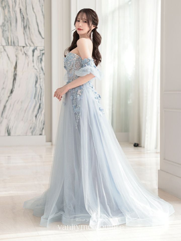 vanityME.couture. バニティミークチュール パフスリーブ フラワー×バタフライモチーフ スパンコール刺繍 プリンセス 姫 ロングドレス バースデードレス パリブルー vctr-l-a1108
