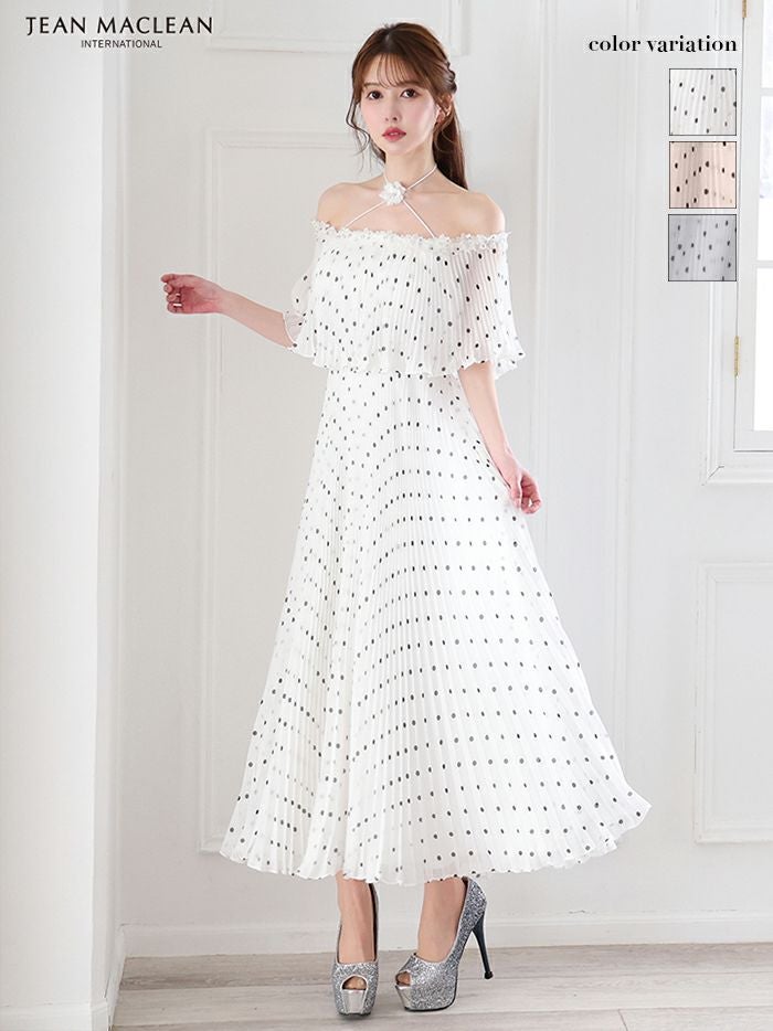JEAN MACLEAN ジャンマクレーン オフショル/ドット柄/モノトーン/ローズコサージュチョーカー付き/3way/マキシ/フレア/ミディアムドレス ワンピース ja51854