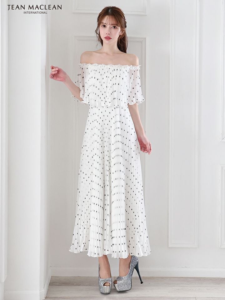 JEAN MACLEAN ジャンマクレーン オフショル/ドット柄/モノトーン/ローズコサージュチョーカー付き/3way/マキシ/フレア/ミディアムドレス ワンピース ja51854