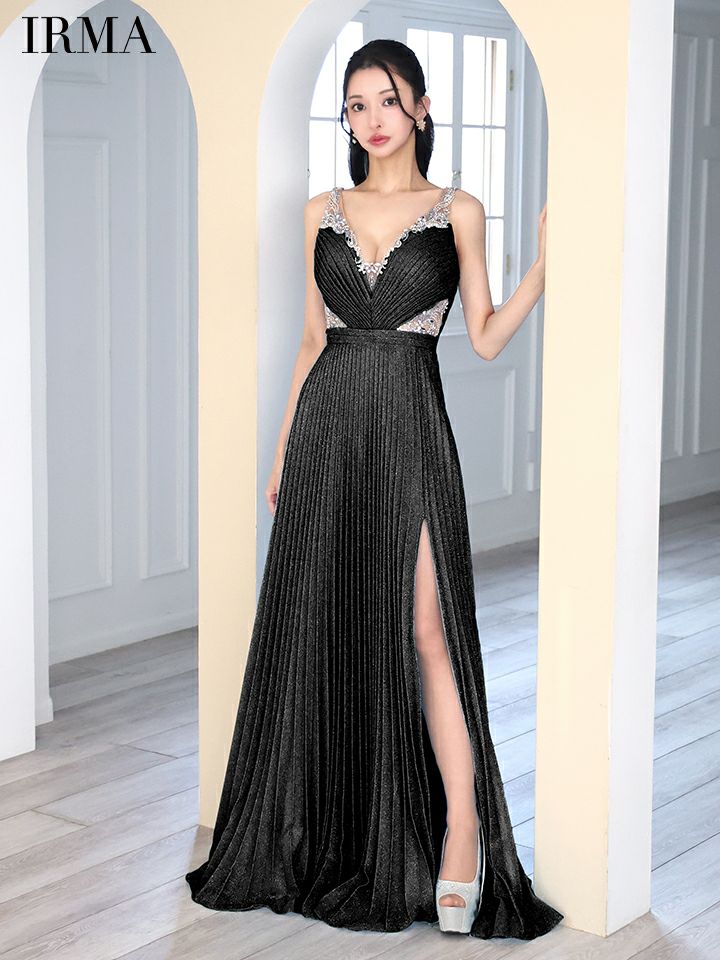 IRMA イルマ ワンカラー/ラメニット/ウエストシアー/ビジュー/スリット入り/プリーツ/ロングドレス ir51858