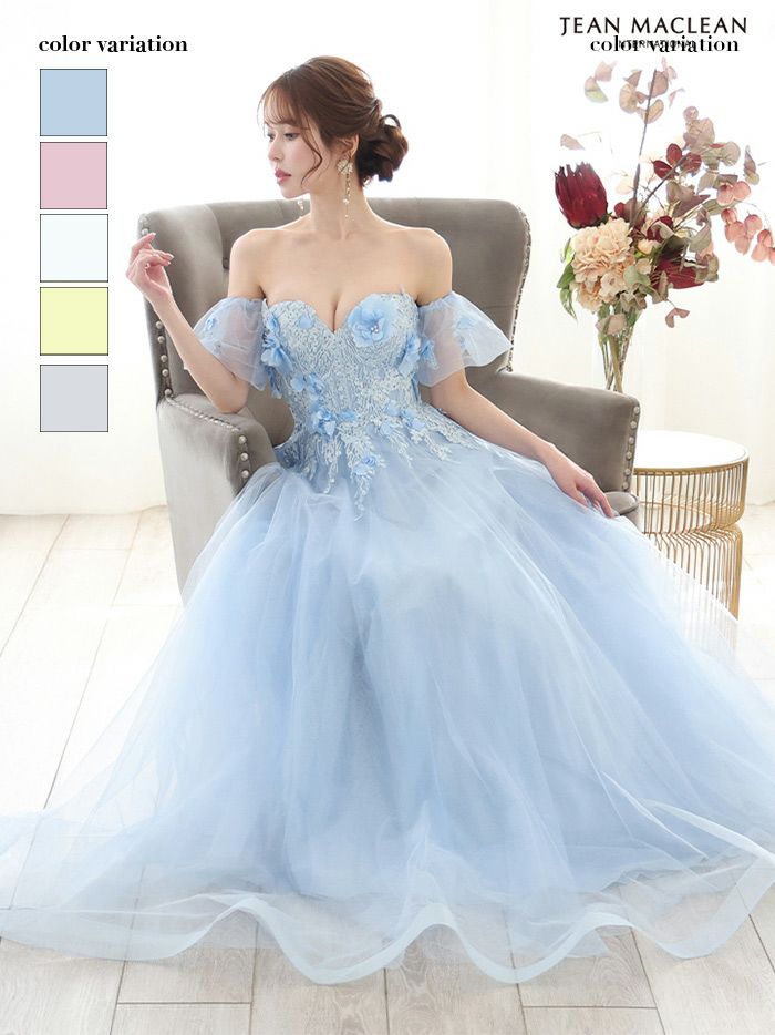 JEAN MACLEAN ジャンマクレーン 立体フラワーモチーフ/ビジュー刺繍/パフスリーブ付き/姫/ロングドレス ja51865