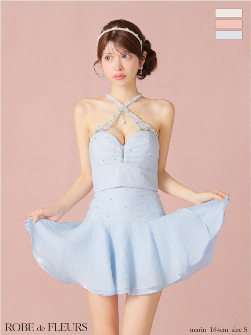 ROBE de FLEURS ローブドフルール ビジューホルターシフォンフレアミニキャバドレス fm4103-c