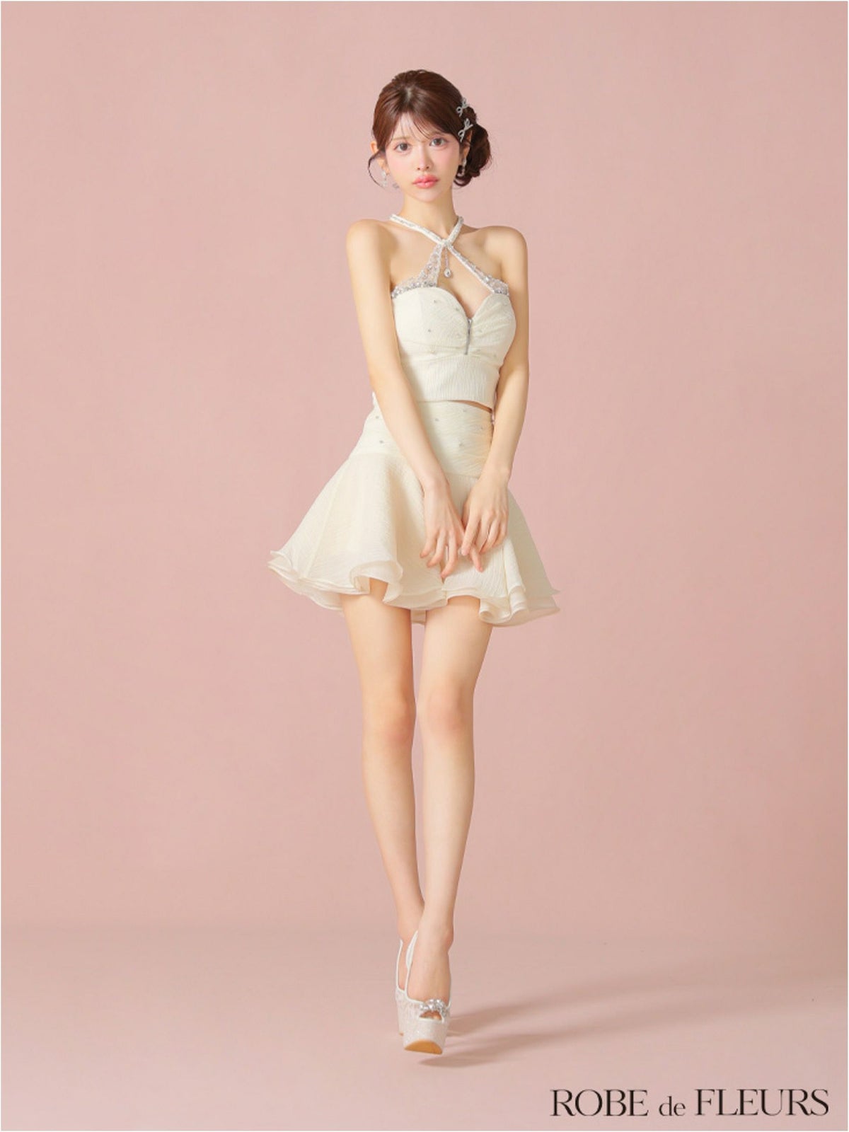 ROBE de FLEURS ローブドフルール ビジューホルターシフォンフレアミニキャバドレス fm4103-c