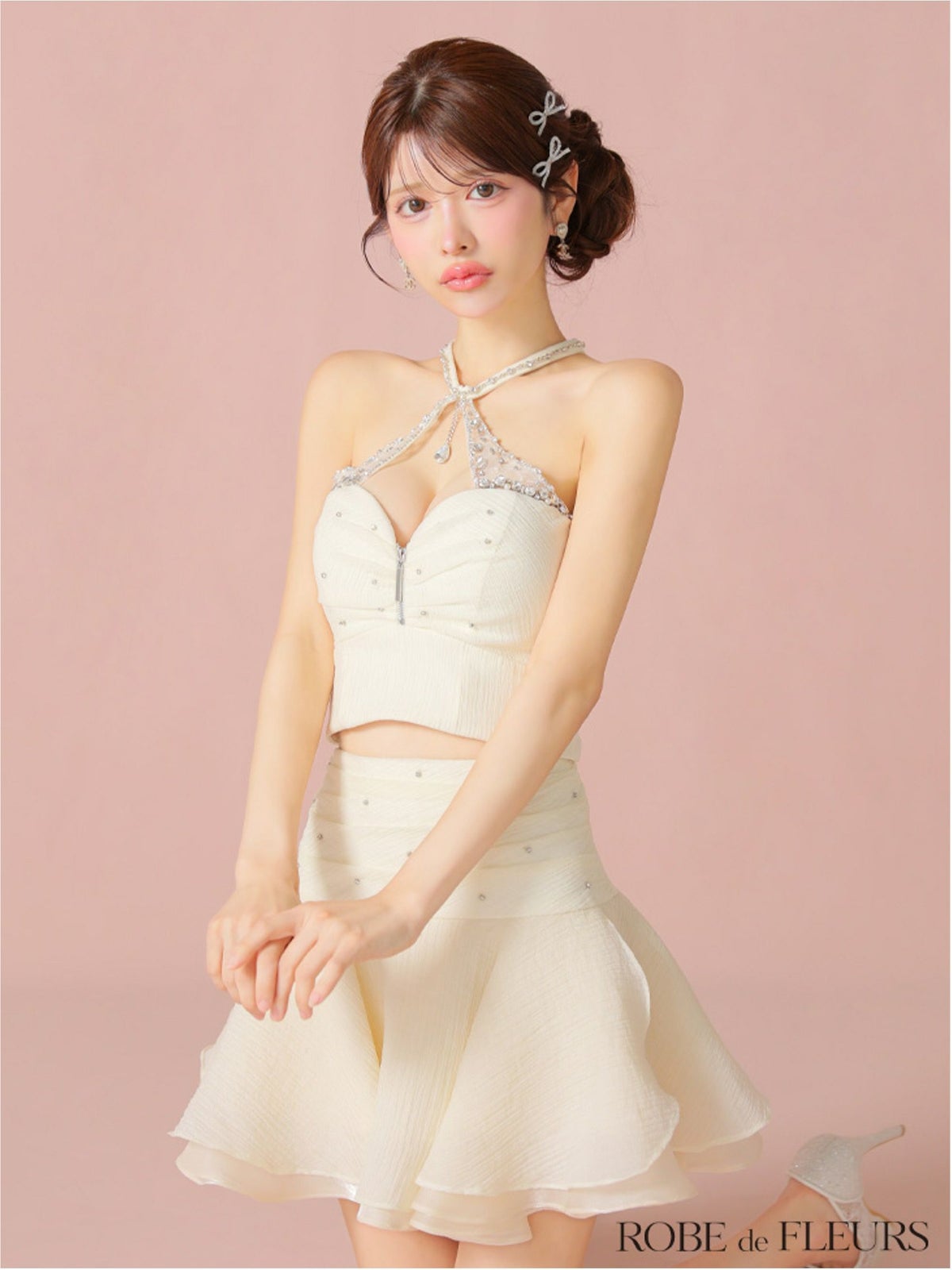 ROBE de FLEURS ローブドフルール ビジューホルターシフォンフレアミニキャバドレス fm4103-c