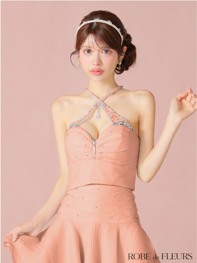 ROBE de FLEURS ローブドフルール ビジューホルターシフォンフレアミニキャバドレス fm4103-c