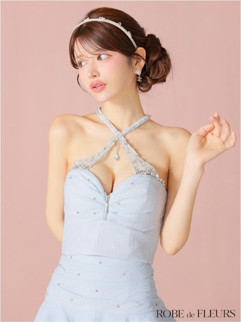 ROBE de FLEURS ローブドフルール ビジューホルターシフォンフレアミニキャバドレス fm4103-c