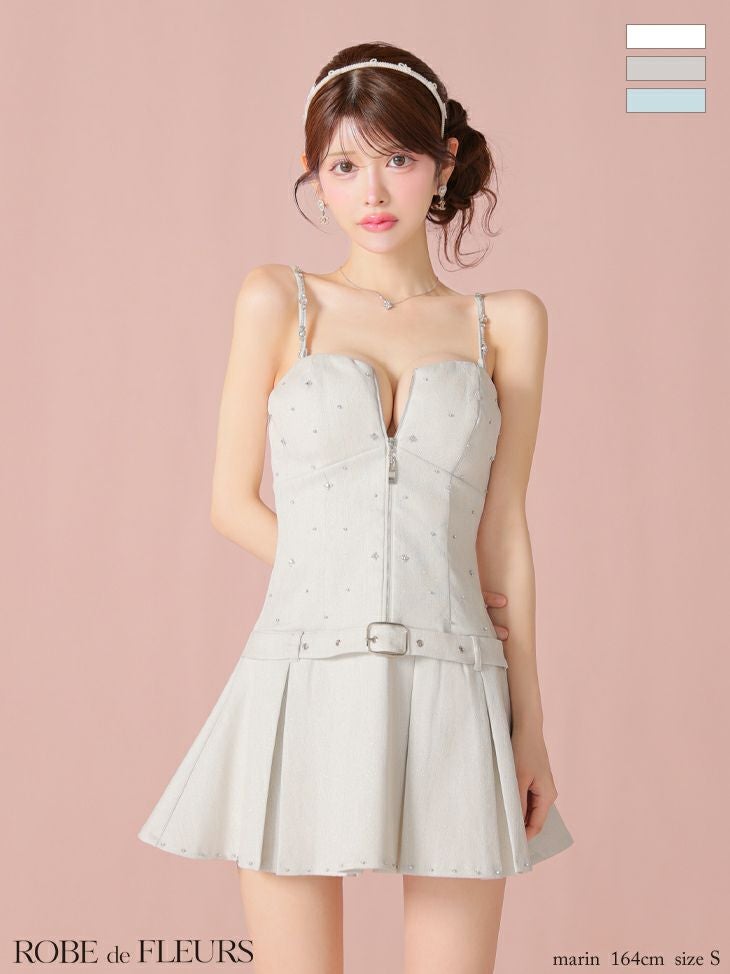 ROBE de FLEURS ローブドフルール ミニキャバドレス fm4104 ROBE de FLEURS ローブドフルール ラメツイルベルトプリーツミニキャバ