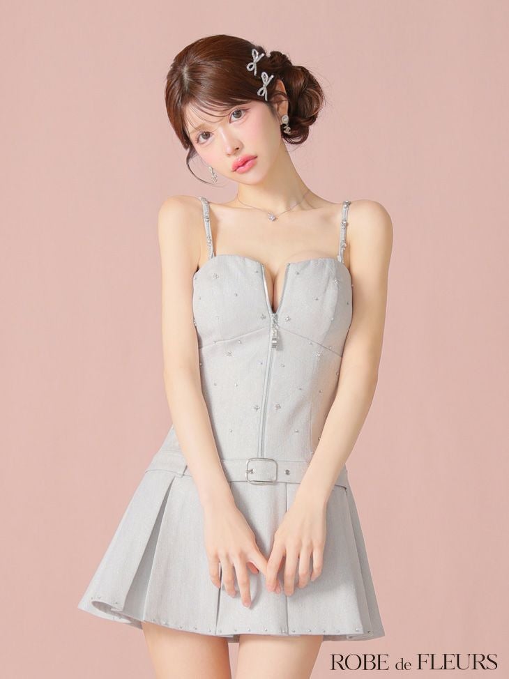 ROBE de FLEURS ローブドフルール ラメツイルベルトプリーツミニキャバドレス fm4104-c