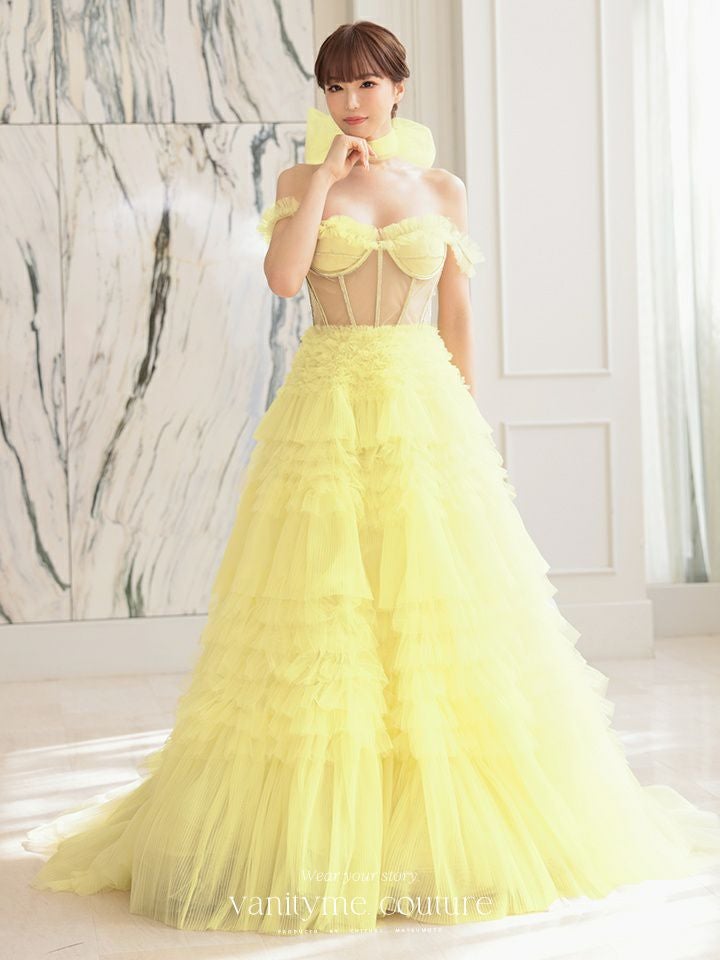 【2点セット】vanityME.couture. バニティミークチュール オフショル チュール ビジューライン ヌードベース リボンショール付き プリンセス 姫 ロングドレス バースデードレス イエロー vctr-l-a1150-3