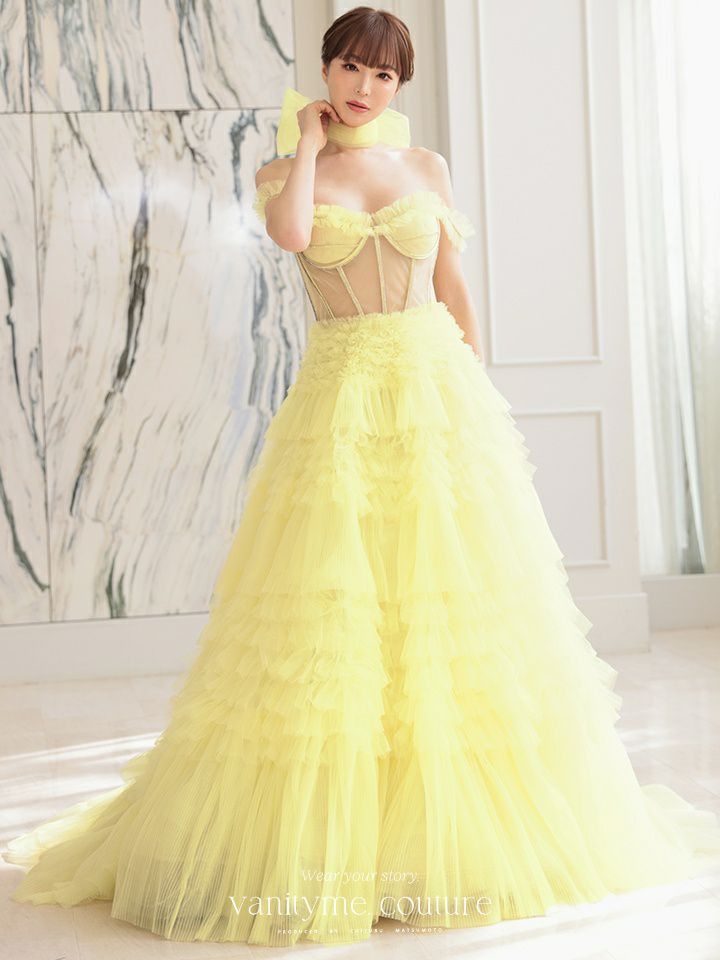 【2点セット】vanityME.couture. バニティミークチュール オフショル チュール ビジューライン ヌードベース リボンショール付き プリンセス 姫 ロングドレス バースデードレス イエロー vctr-l-a1150-3