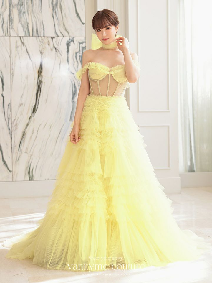 【2点セット】vanityME.couture. バニティミークチュール オフショル チュール ビジューライン ヌードベース リボンショール付き プリンセス 姫 ロングドレス バースデードレス イエロー vctr-l-a1150-3