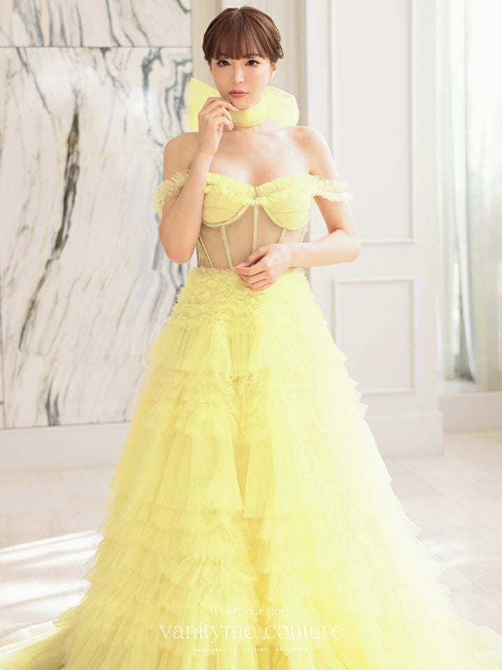 【2点セット】vanityME.couture. バニティミークチュール オフショル チュール ビジューライン ヌードベース リボンショール付き プリンセス 姫 ロングドレス バースデードレス イエロー vctr-l-a1150-3