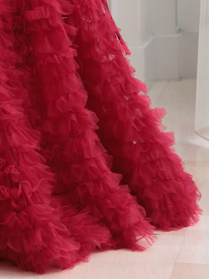 vanityME.couture. バニティミークチュール リボンモチーフ サテン 2段ボリュームフリル プリンセス 姫 ロングドレス バースデードレス レッド vctr-t-25011-2