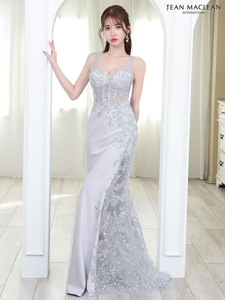JEAN MACLEAN ジャンマクレーン コルセットレース/スパンコール刺繍/アシンメトリー/スリット入り/ロングドレス ja51826-c