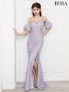 IRMA イルマ ワンカラー/クロスデザイン/カットアウト/パフスリーブ付き/ラメニット/ビジュー/スリット入り/タイト/ロングドレス ir51820-c