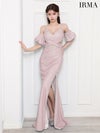 IRMA イルマ ワンカラー/クロスデザイン/カットアウト/パフスリーブ付き/ラメニット/ビジュー/スリット入り/タイト/ロングドレス ir51820-c