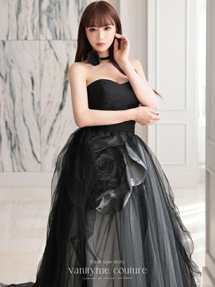 ストラップレスチュール 黒ロングドレス ご注文後、40日前後で入荷予定》vanityME.couture. バニティーミー