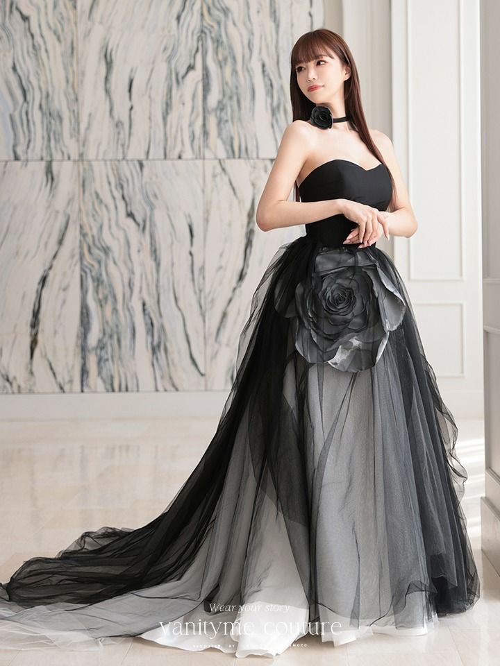 vanityME.couture. バニティミークチュール ビッグローズモチーフ チュールスカート ローズコサージュチョーカー付き プリンセス 姫 ロングドレス バースデードレス ブラック vctr-t-25012