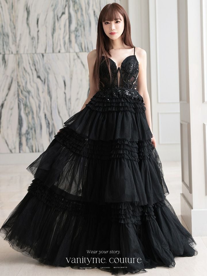 vanityME.couture. バニティミークチュール サイドシアーレース スパンコール刺繍 4段ボリュームフリルスカート プリンセス 姫 ロングドレス バースデードレス ブラック vctr-l-a1247