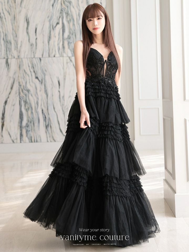 vanityME.couture. バニティミークチュール サイドシアーレース スパンコール刺繍 4段ボリュームフリルスカート プリンセス 姫 ロングドレス バースデードレス ブラック vctr-l-a1247