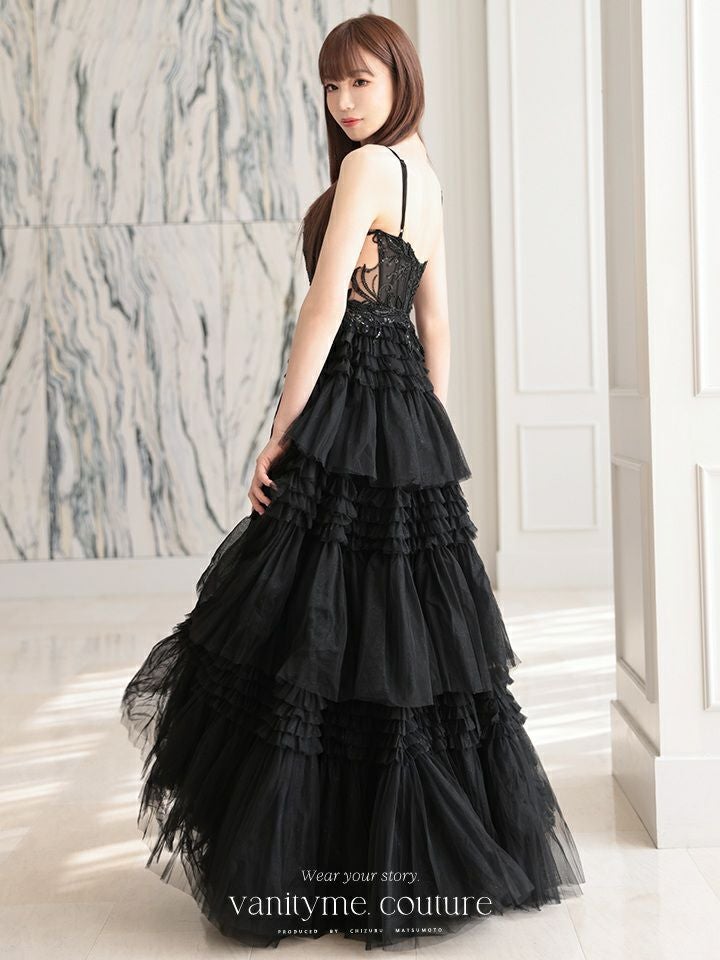 vanityME.couture. バニティミークチュール サイドシアーレース スパンコール刺繍 4段ボリュームフリルスカート プリンセス 姫 ロングドレス バースデードレス ブラック vctr-l-a1247