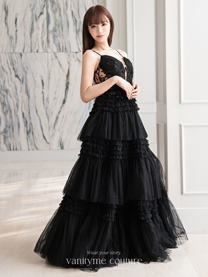 vanityME.couture. バニティミークチュール サイドシアーレース スパンコール刺繍 4段ボリュームフリルスカート プリンセス 姫 ロングドレス バースデードレス ブラック vctr-l-a1247