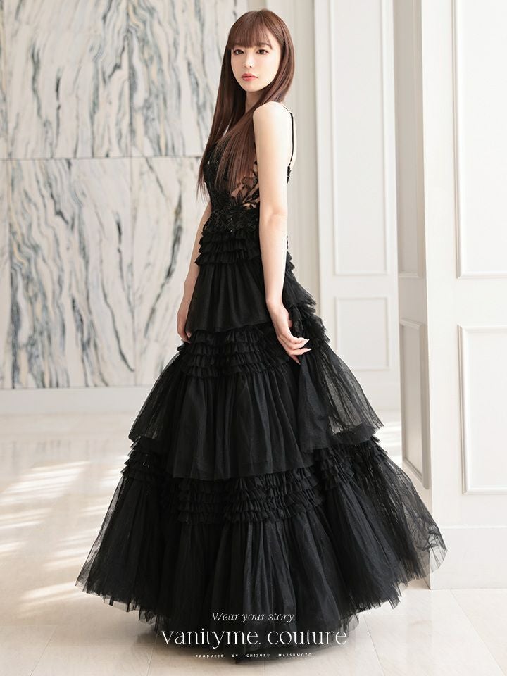 vanityME.couture. バニティミークチュール サイドシアーレース スパンコール刺繍 4段ボリュームフリルスカート プリンセス 姫 ロングドレス バースデードレス ブラック vctr-l-a1247