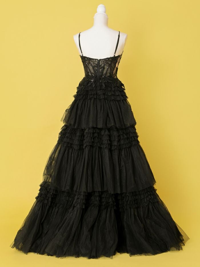 vanityME.couture. バニティミークチュール サイドシアーレース スパンコール刺繍 4段ボリュームフリルスカート プリンセス 姫 ロングドレス バースデードレス ブラック vctr-l-a1247