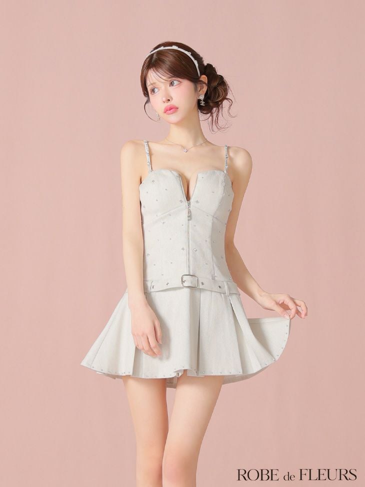 ROBE de FLEURS ローブドフルール ラメツイルベルトプリーツミニキャバドレス fm4104
