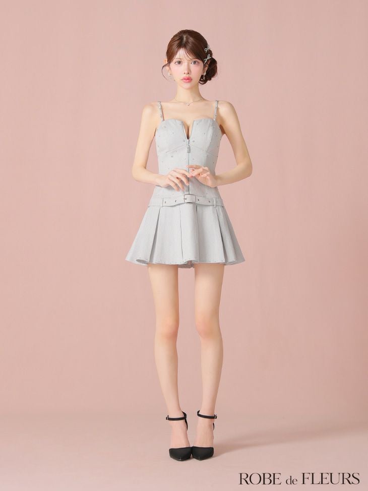 ROBE de FLEURS ローブドフルール ラメツイルベルトプリーツミニキャバドレス fm4104