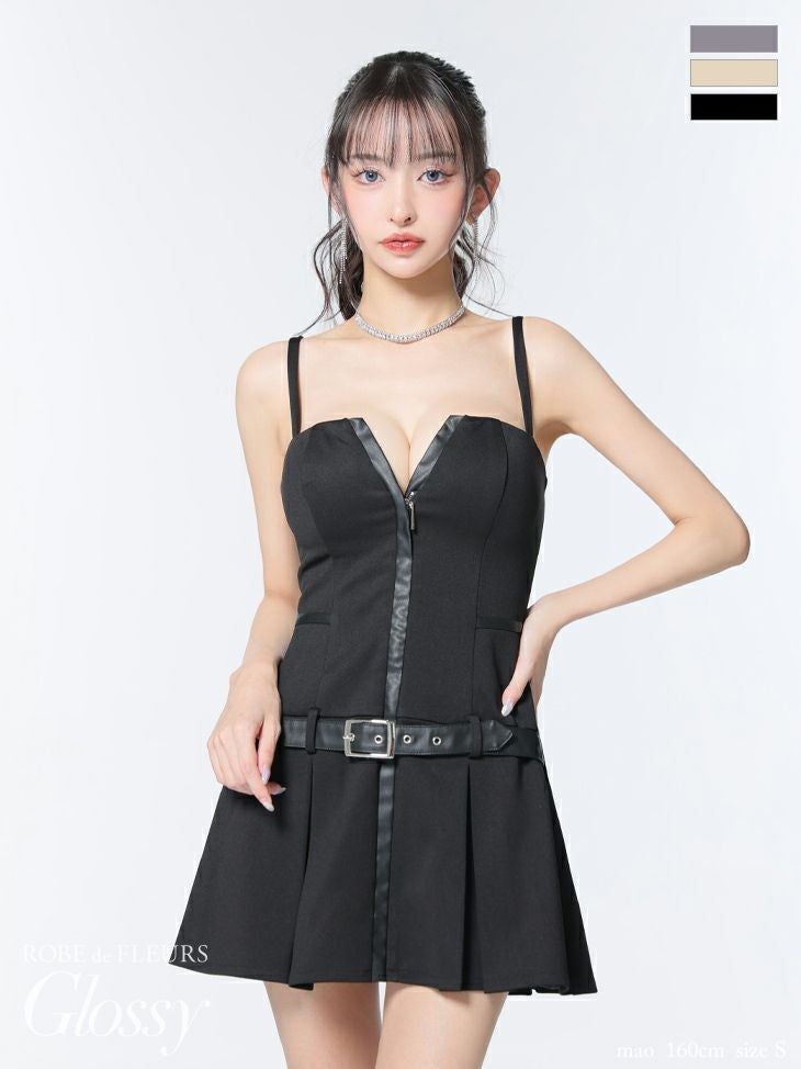 Glossy ローブドフルールグロッシー フロントジップベルトプリーツミニ