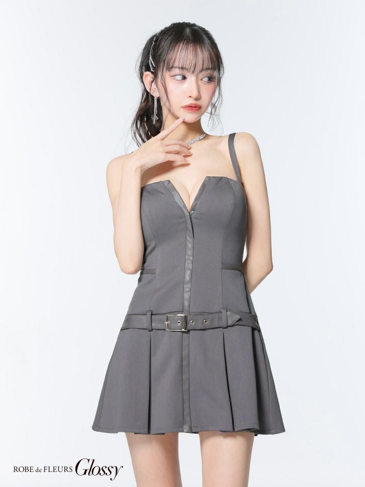 Glossy ローブドフルールグロッシー フロントジップベルトプリーツミニキャバドレス gl4101