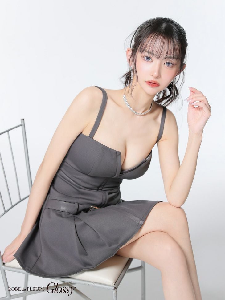 Glossy ローブドフルールグロッシー フロントジップベルトプリーツミニキャバドレス gl4101