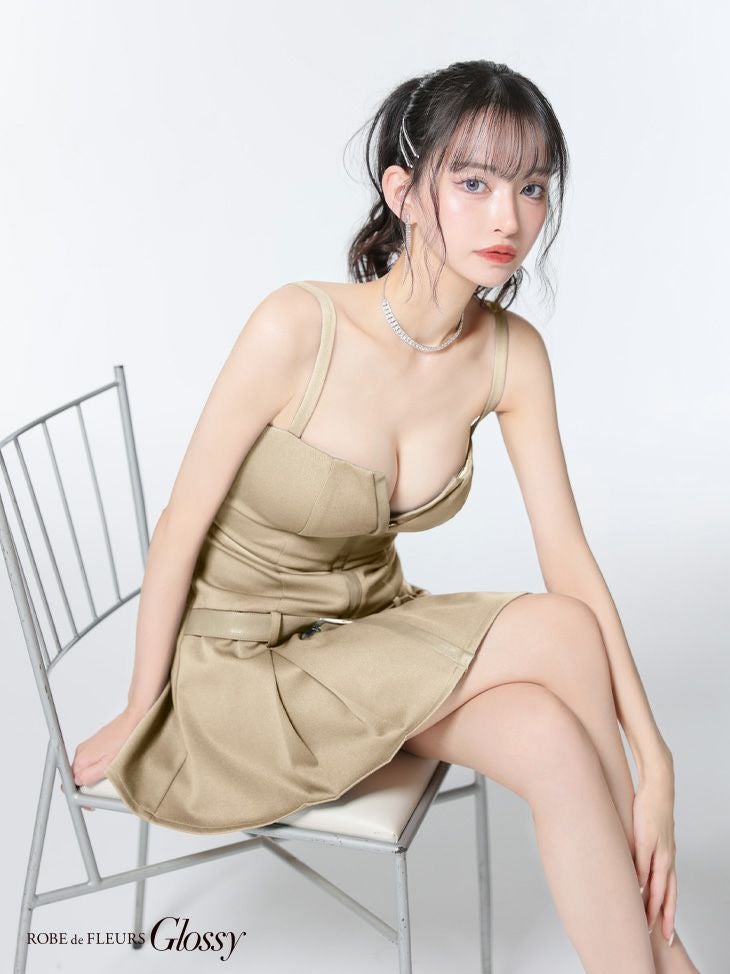 Glossy ローブドフルールグロッシー フロントジップベルトプリーツミニキャバドレス gl4101