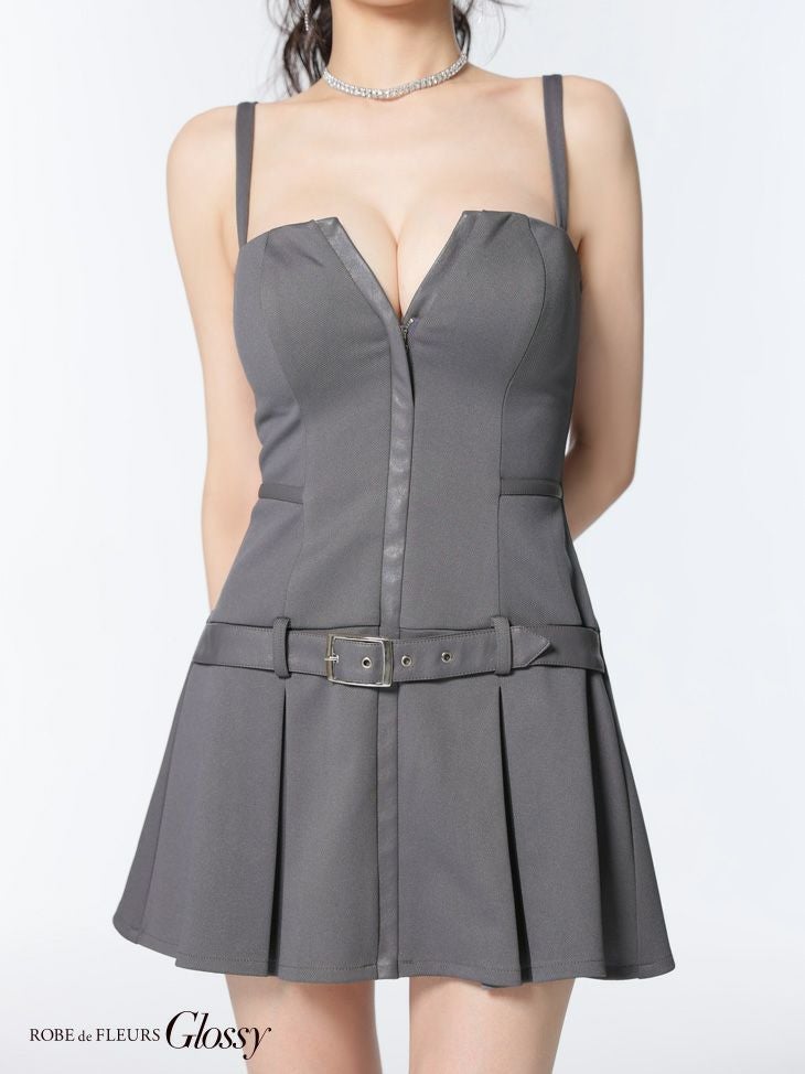 Glossy ローブドフルールグロッシー フロントジップベルトプリーツミニキャバドレス gl4101