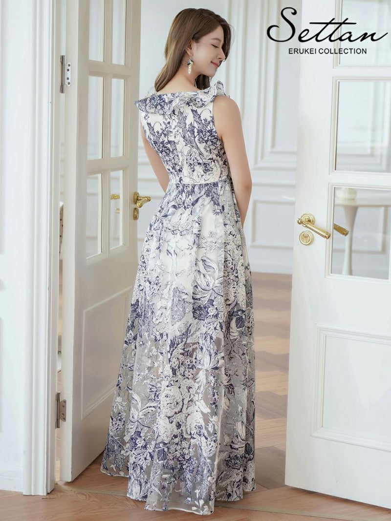 ERUKEI エルケイ トワルドジュイ・プリント・オーガンジー・フリル・ノースリーブ・Vネック・Aライン・ロングドレス ek-s24093