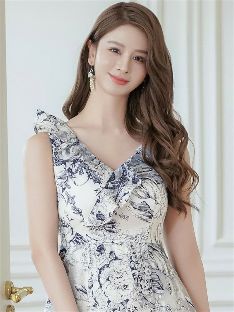 ERUKEI エルケイ トワルドジュイ・プリント・オーガンジー・フリル・ノースリーブ・Vネック・Aライン・ロングドレス ek-s24093