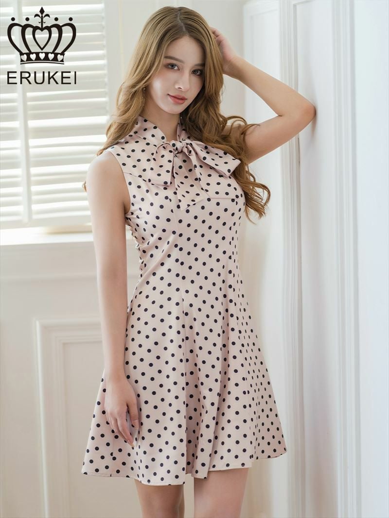 ERUKEI エルケイ ドット・ノースリーブ・プチハイネック・リボン・Aライン・ミニドレス・ワンピース ek-e25038
