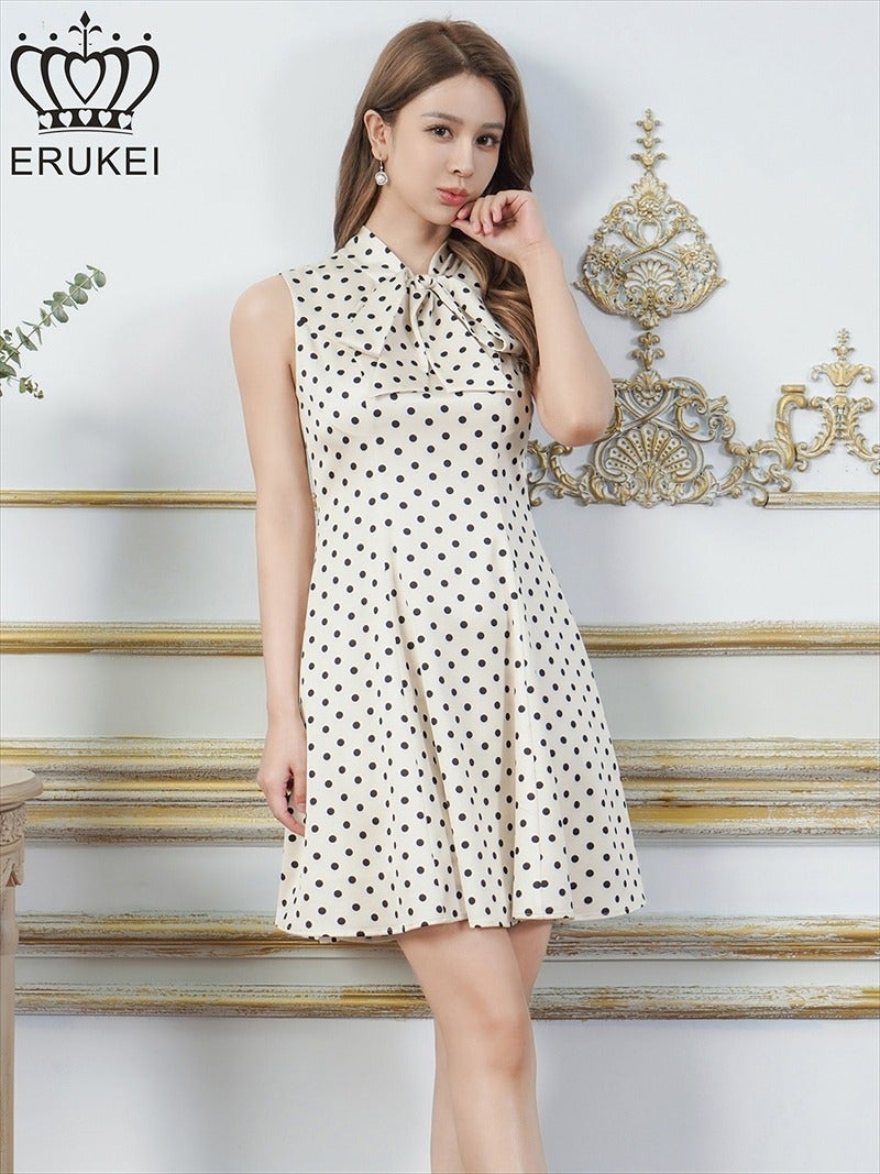 ERUKEI エルケイ ドット・ノースリーブ・プチハイネック・リボン・Aライン・ミニドレス・ワンピース ek-e25038