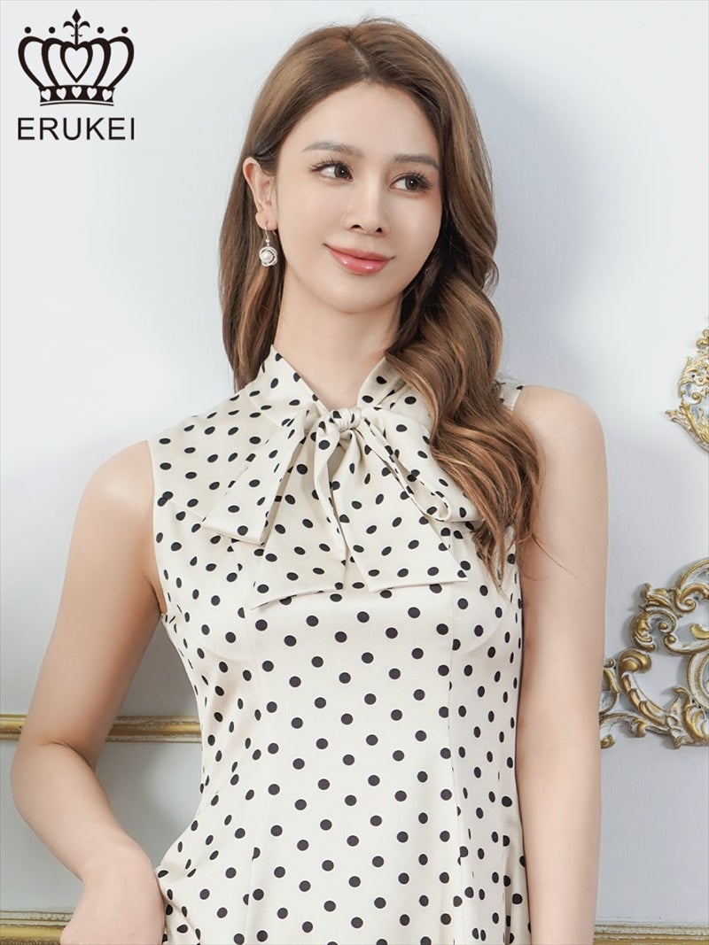 ERUKEI エルケイ ドット・ノースリーブ・プチハイネック・リボン・Aライン・ミニドレス・ワンピース ek-e25038