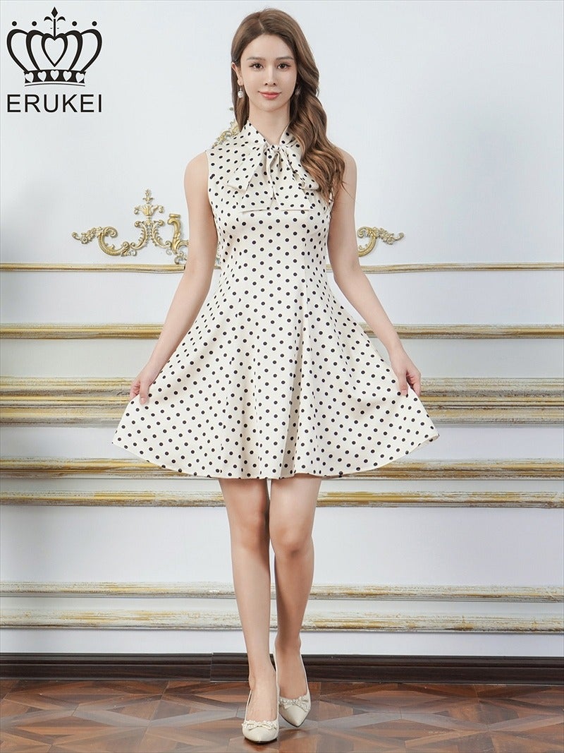 ERUKEI エルケイ ドット・ノースリーブ・プチハイネック・リボン・Aライン・ミニドレス・ワンピース ek-e25038