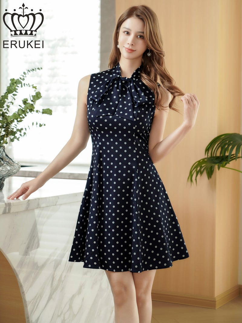 ERUKEI エルケイ ドット・ノースリーブ・プチハイネック・リボン・Aライン・ミニドレス・ワンピース ek-e25038